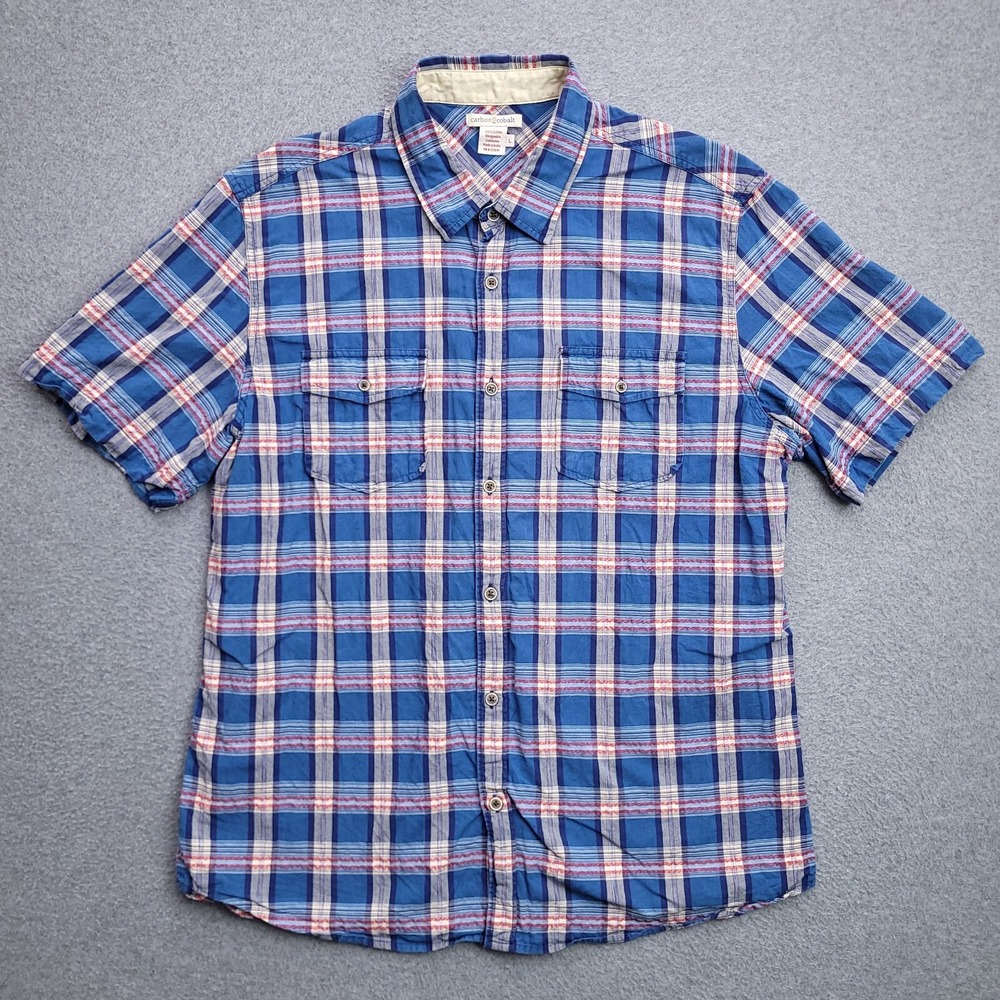 Carbon2Cobalt Button Up Shirt Large Blue Plaid Cotton Short Sleeve Size Mens